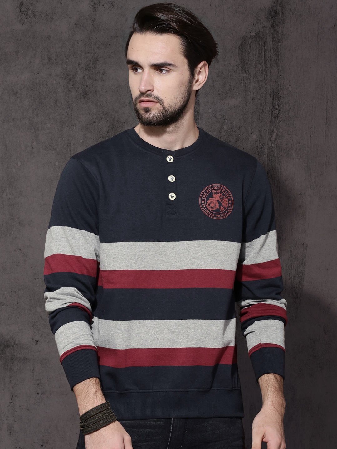 

Roadster Men Navy Blue & Grey Striped Sweatshirt