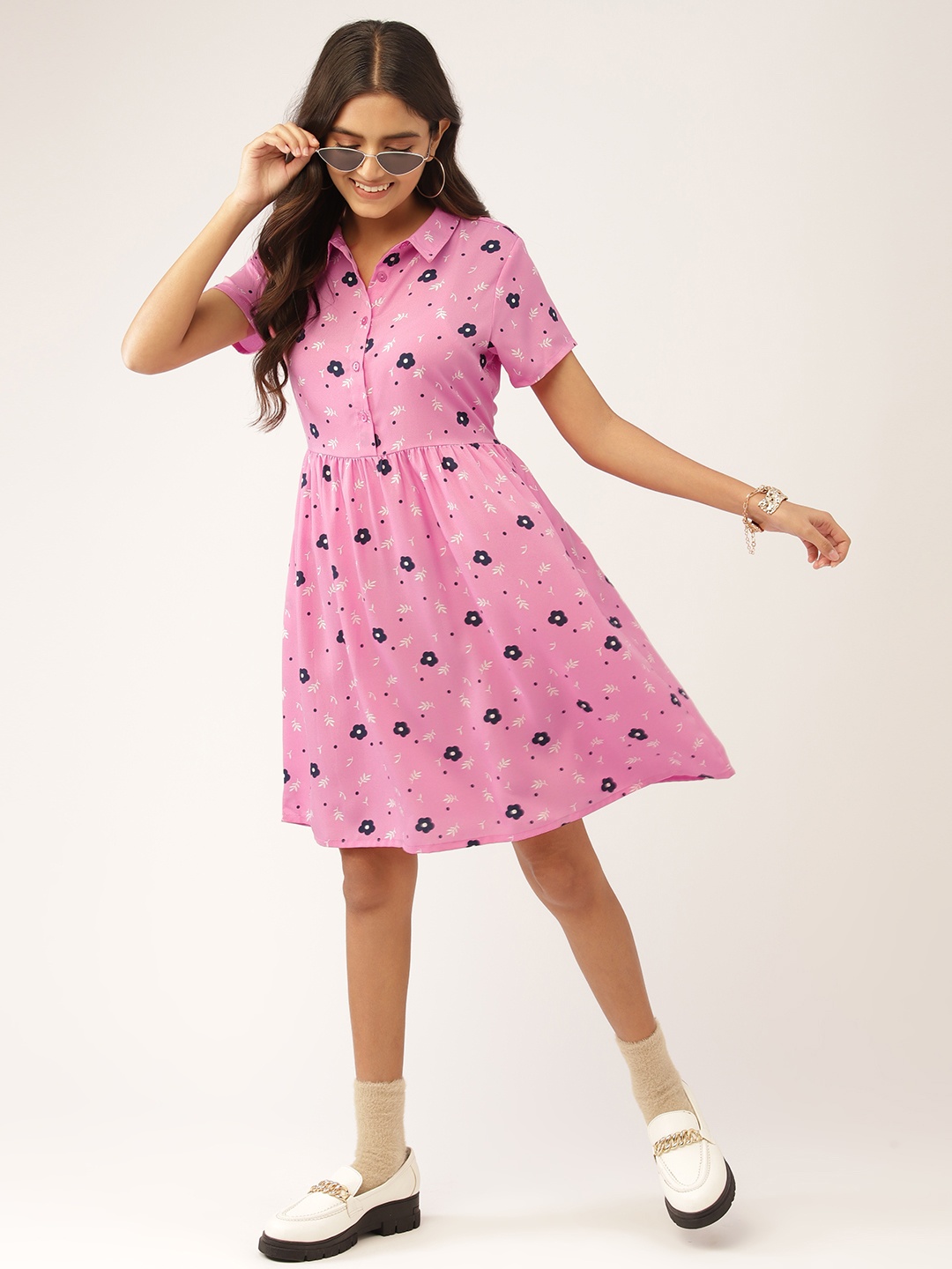 

DressBerry Girls Pink & Navy Blue Floral Printed Shirt Collar Fit & Flare Dress