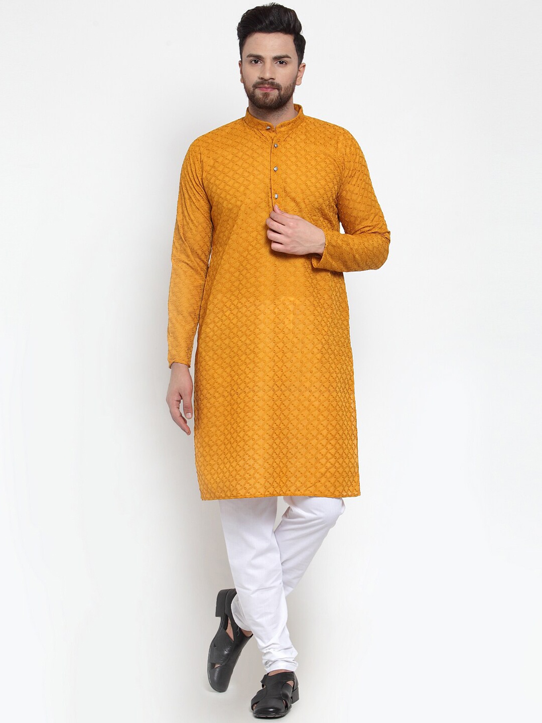 

Jompers Men Mustard Yellow Ethnic Motifs Chikankari Pure Cotton Kurta with Churidar