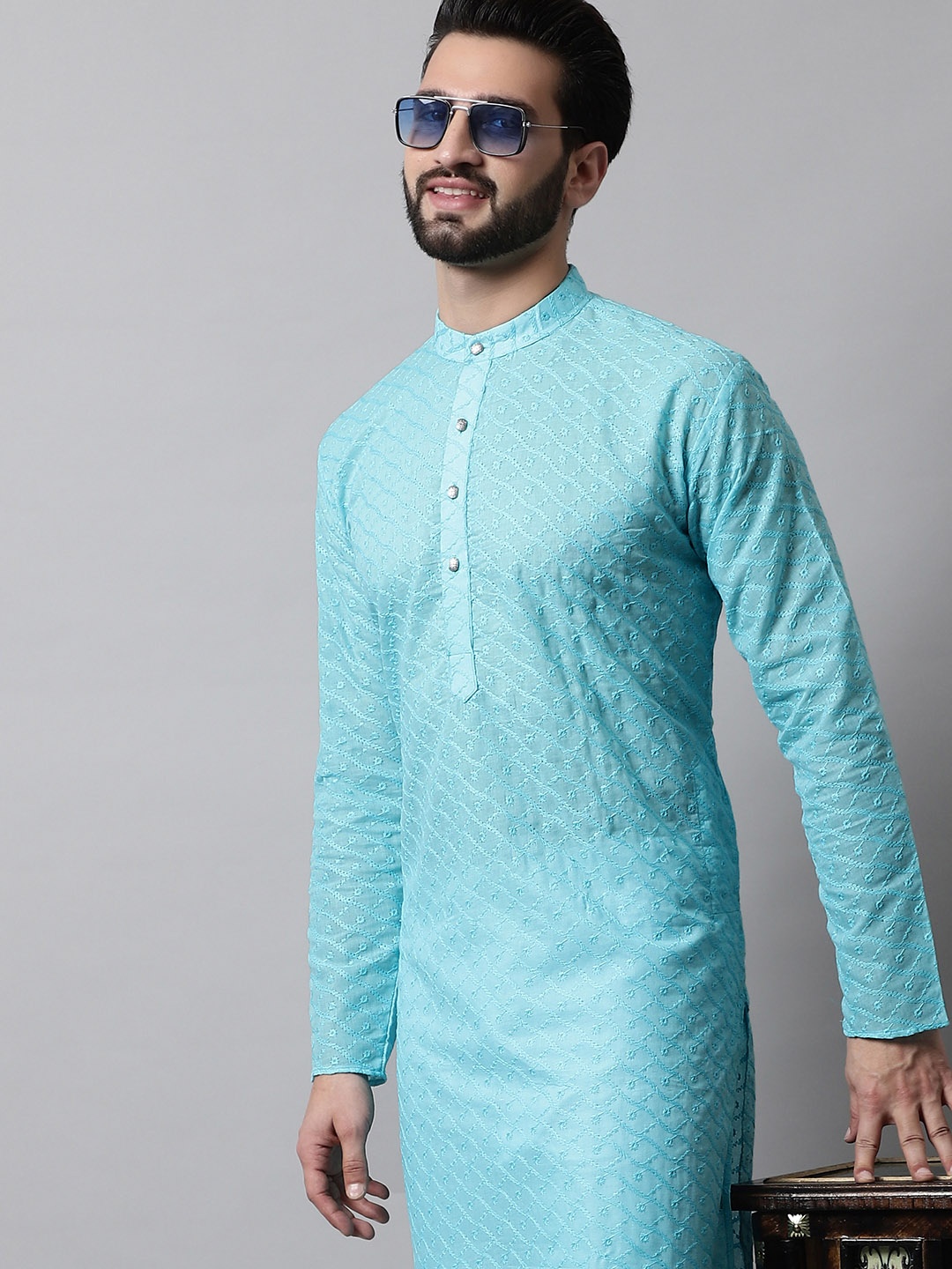 

Jompers Men Sky Blue & White Layered Chikankari Pure Cotton Kurta with Pyjamas, Turquoise blue