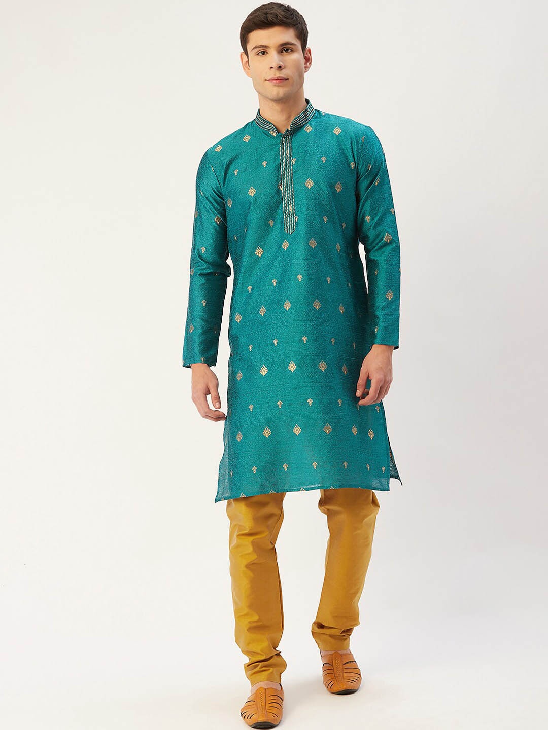 

Jompers Men Teal Ethnic Motifs Kurta with Churidar