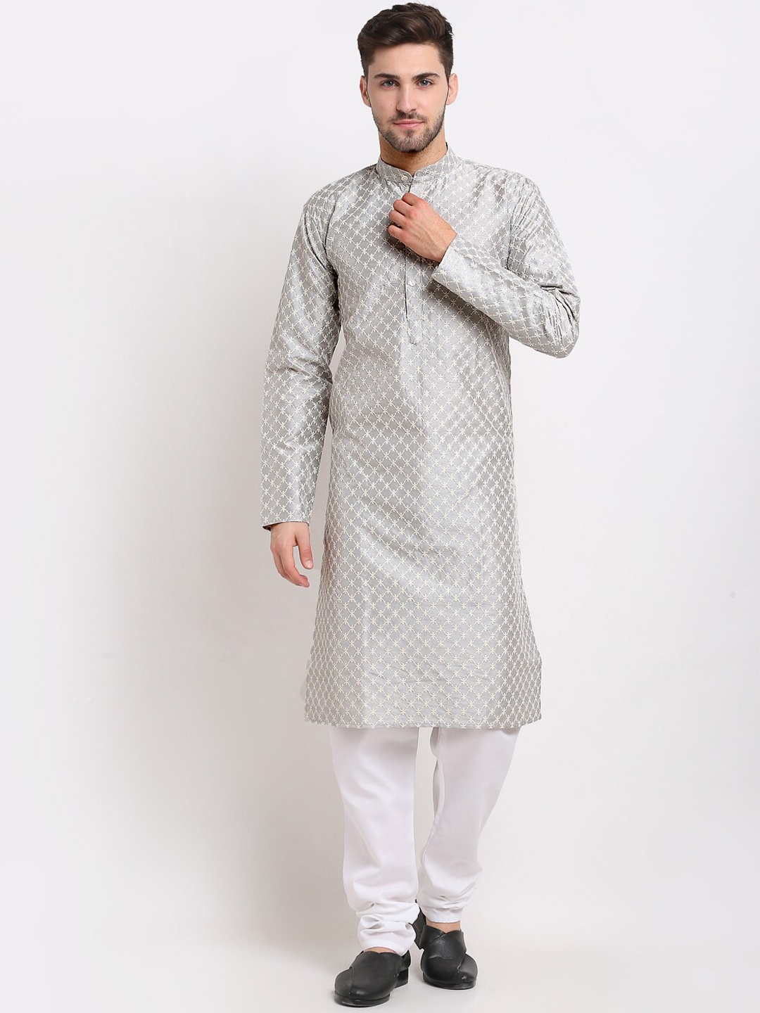 

Jompers Men Grey Printed Chikankari Dupion Silk Kurta with Pyjamas