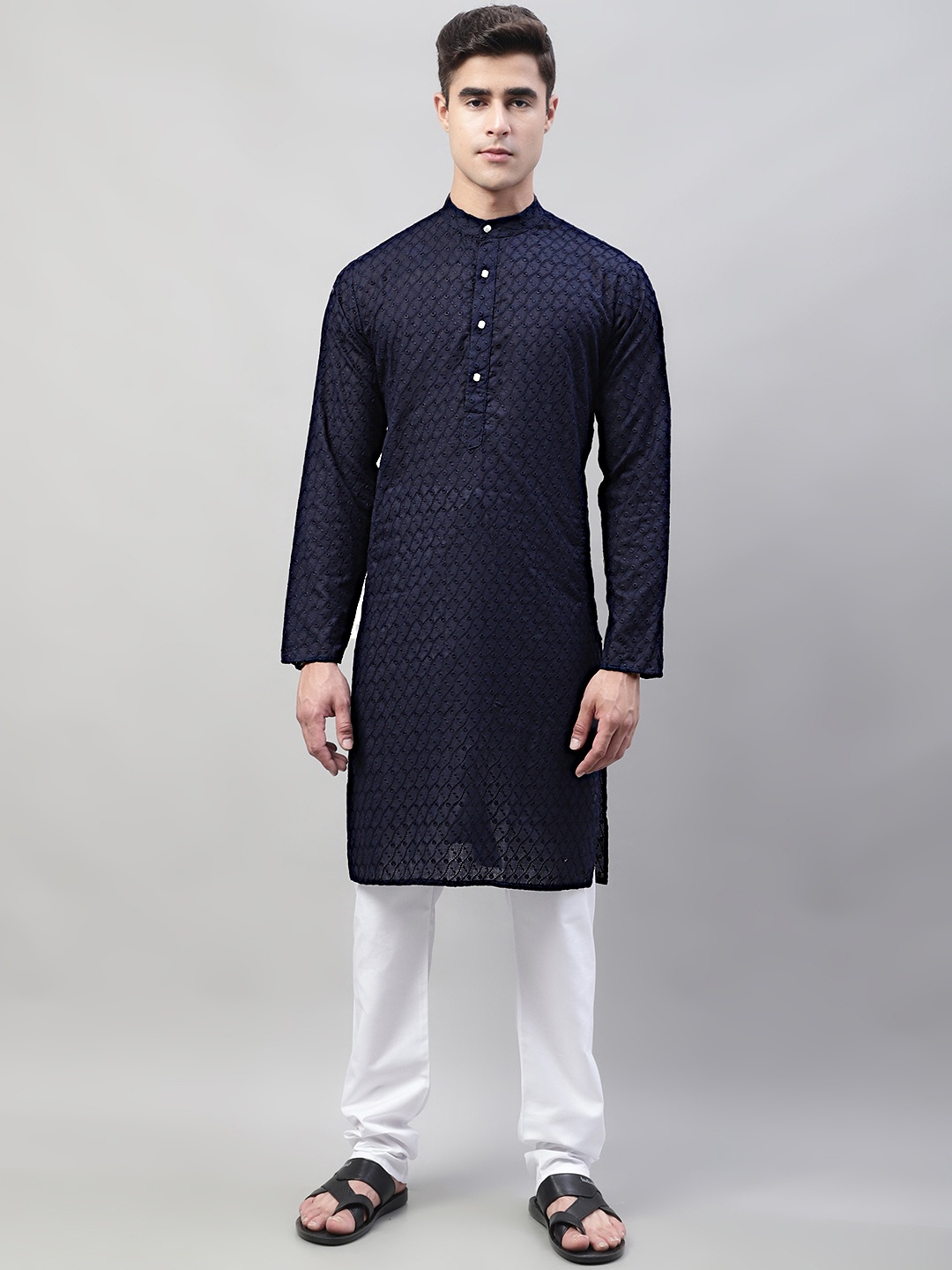 

Jompers Men Navy Blue Floral Embroidered Chikankari Pure Cotton Kurta with Pyjamas