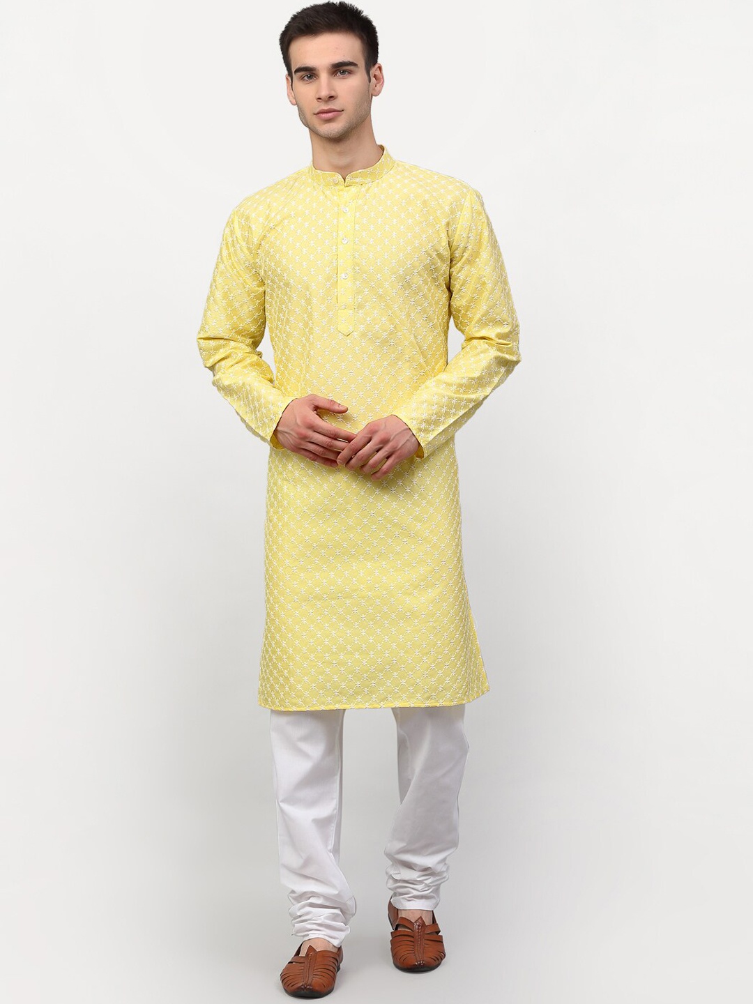 

Jompers Men Yellow Ethnic Motifs Printed Chikankari Dupion Silk Kurta with Churidar