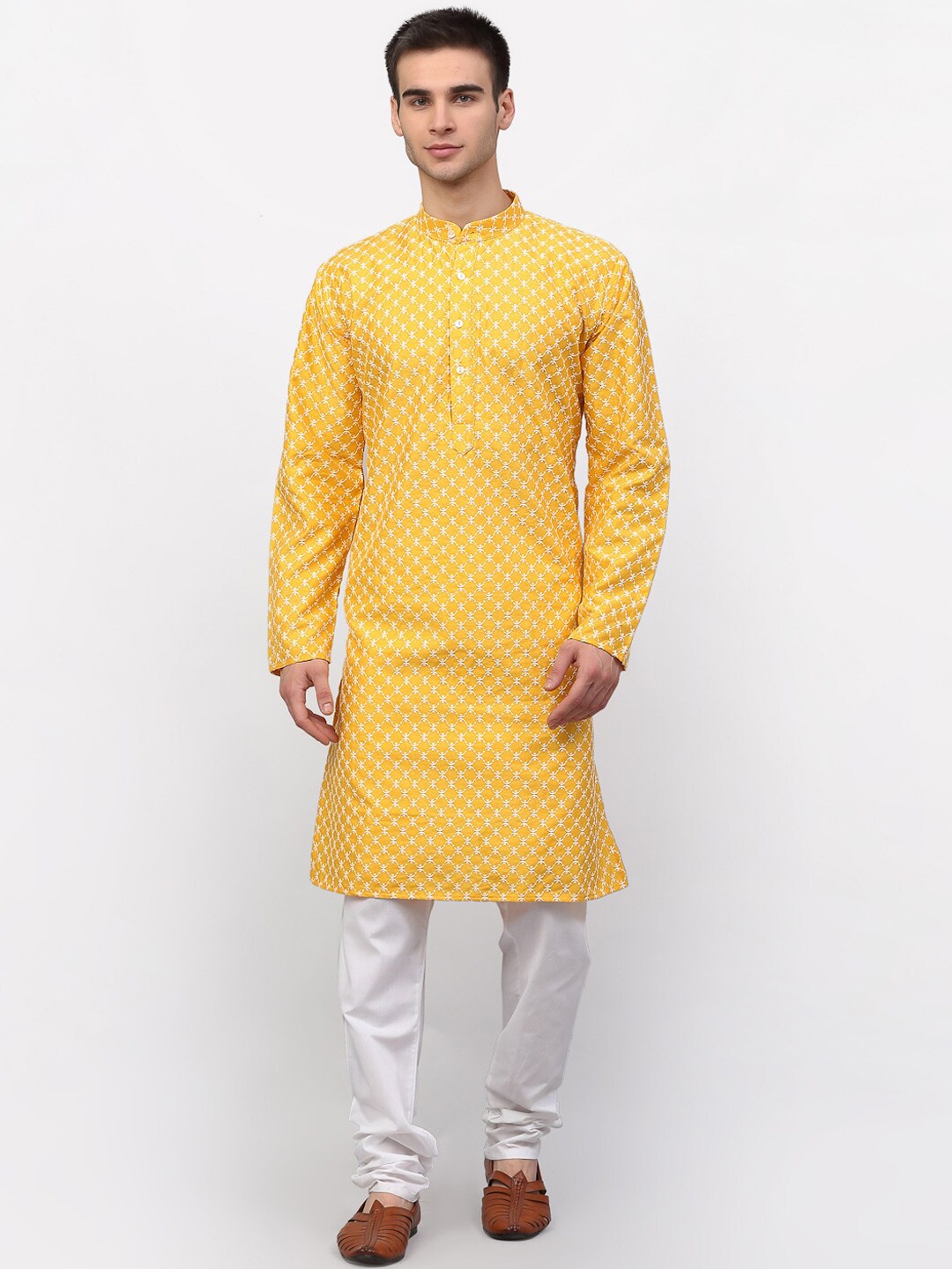 

Jompers Men Mustard Yellow Floral Embroidered Chikankari Dupion Silk Kurta with Pyjamas