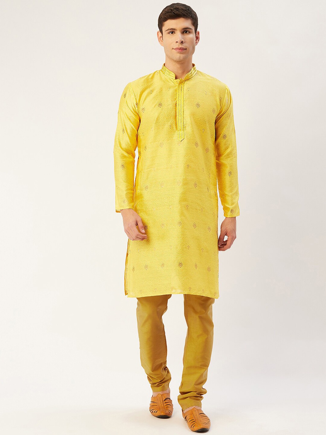 

Jompers Men Yellow Embroidered Kurta with Churidar