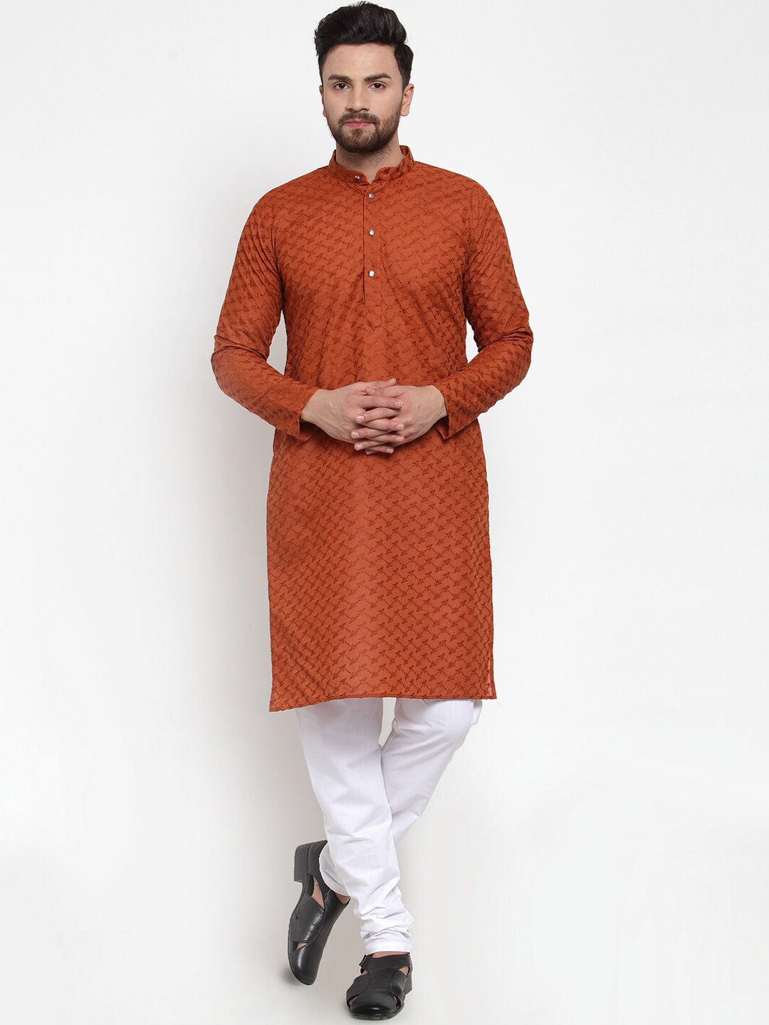 

Jompers Men Brown Chikankari Pure Cotton Kurta with Churidar