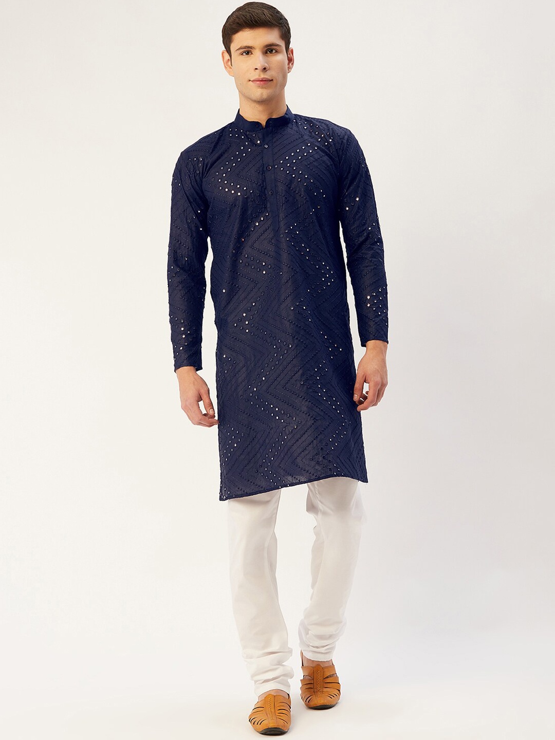

Jompers Men Navy Blue Embroidered Mirror Work Pure Cotton Kurta with Churidar