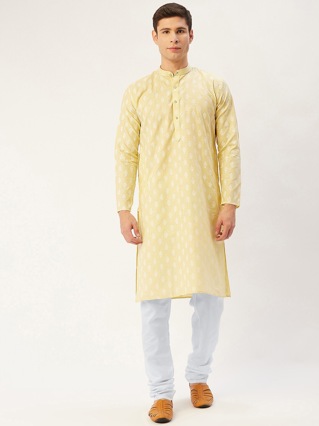 

Jompers Men Yellow Angrakha Kurta with Pyjamas