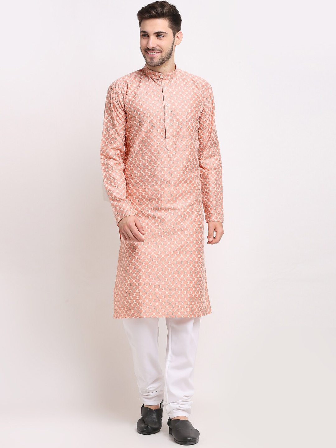 

Jompers Men Peach-Coloured Ethnic Motifs Embroidered Chikankari Dupion Silk Kurta with Pyjamas