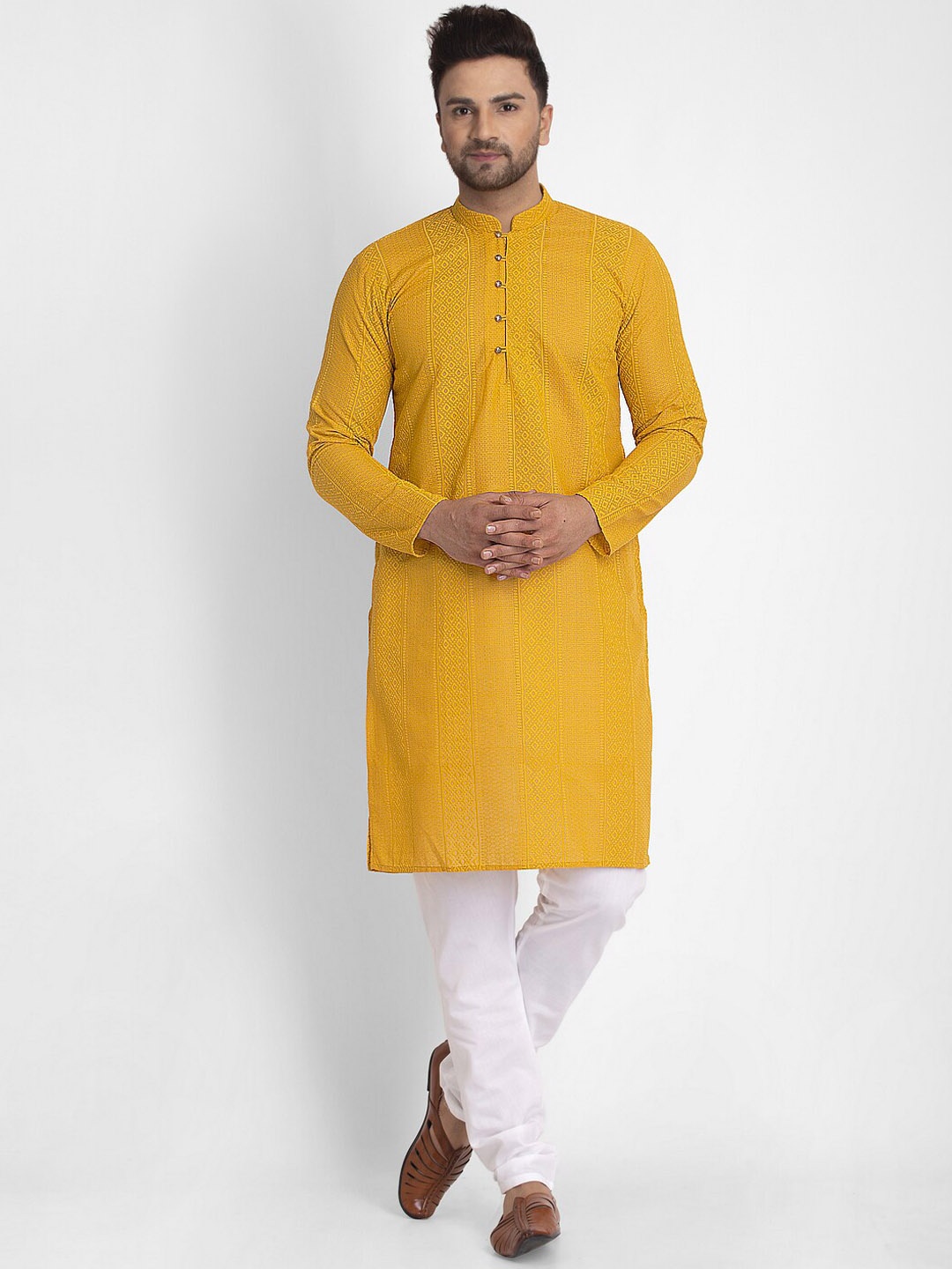 

Jompers Men Mustard Yellow Embroidered Chikankari Pure Cotton Kurta with Churidar