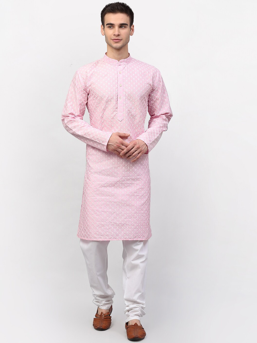 

Jompers Men Pink Chikankari Dupion Silk Kurta with Churidar