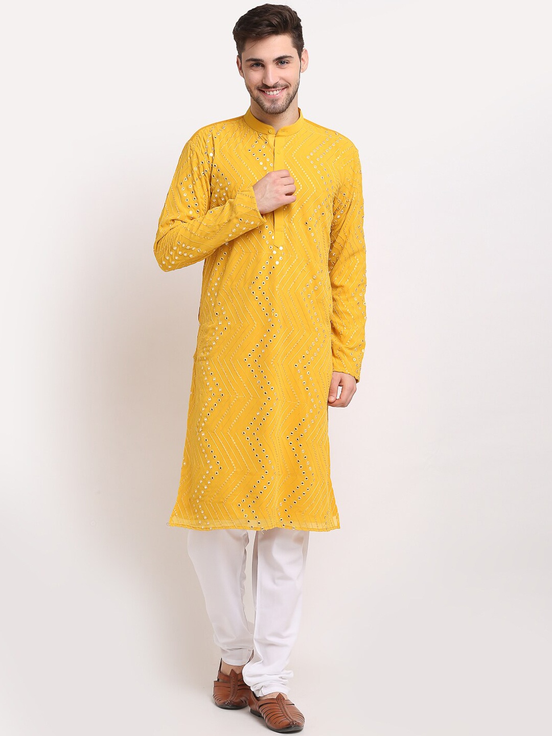

Jompers Men Yellow Embroidered Mirror Work Kurta with Pyjamas
