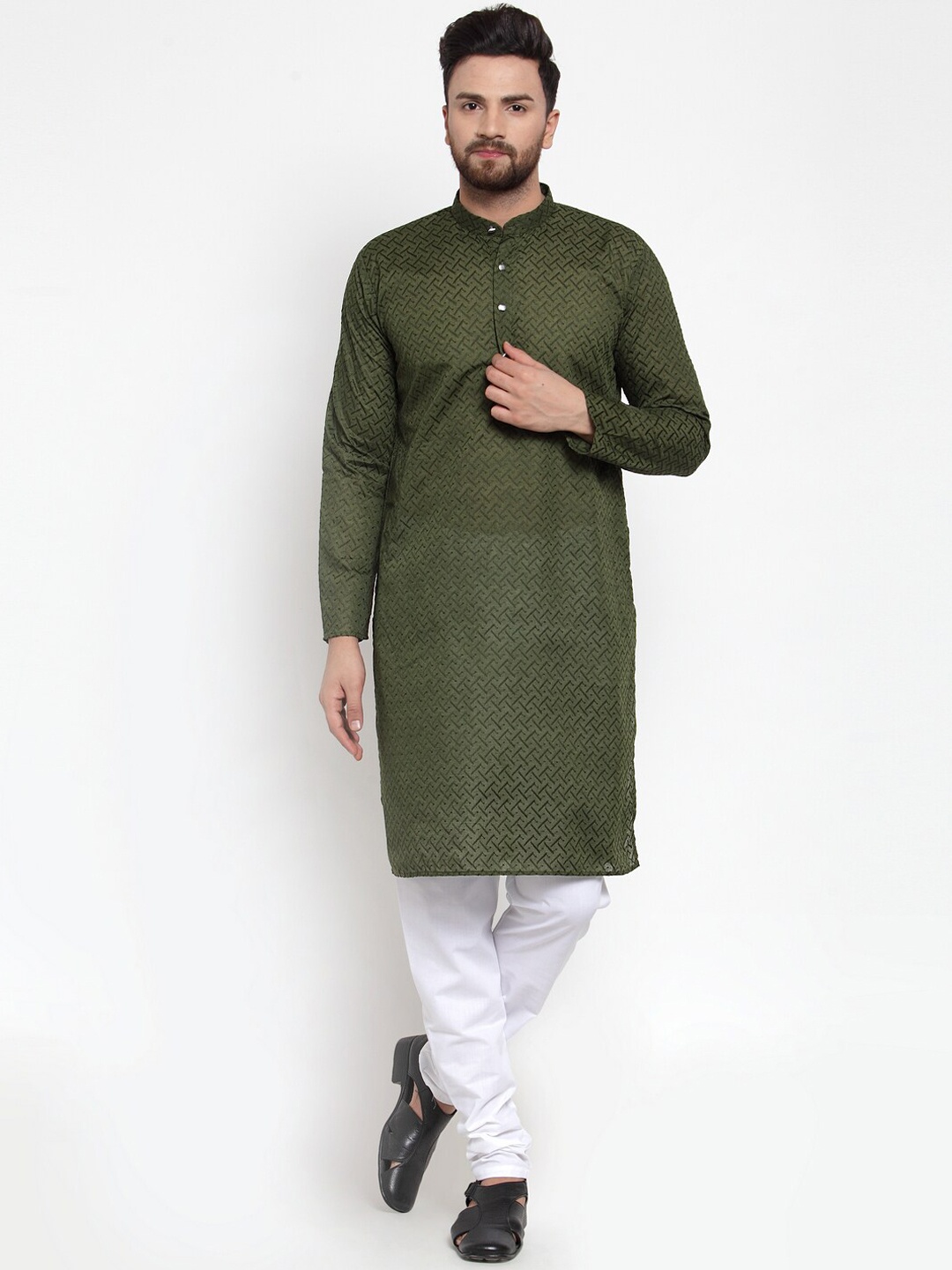 

Jompers Men Olive Green Chikankari Pure Cotton Kurta with Pyjamas