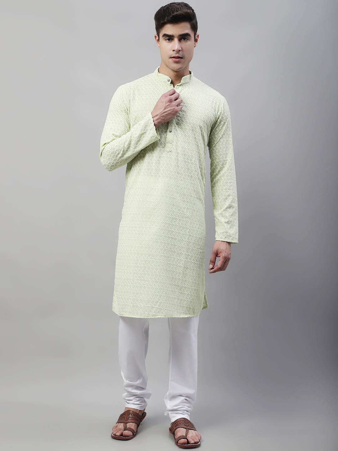 

Jompers Men Green Embroidered Chikankari Pure Cotton Kurta with Pyjamas