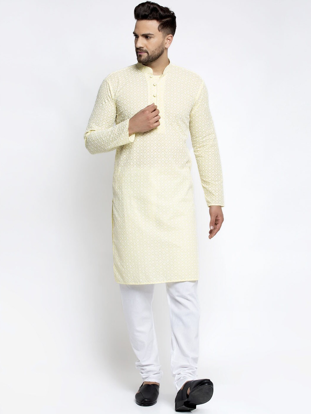 

Jompers Men Yellow Chikankari Pure Cotton Kurta with Pyjamas