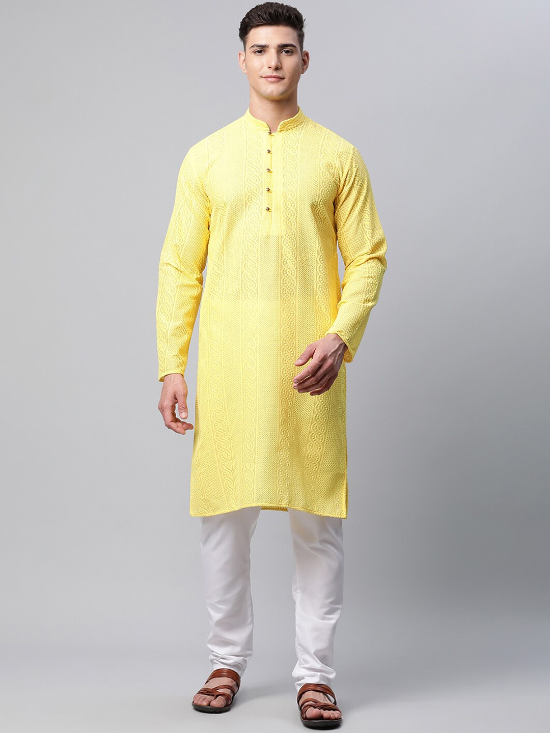 

Jompers Men Yellow Chikankari Pure Cotton Kurta with Pyjamas