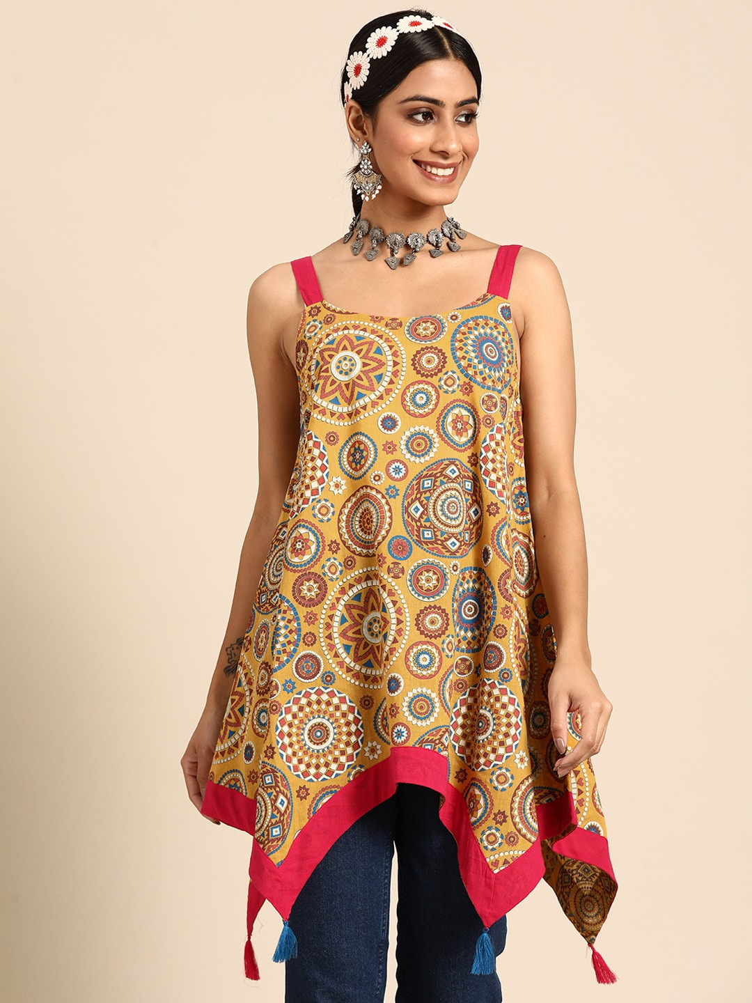 

Sangria Yellow & Blue Ethnic Motif Print Pure Cotton Top