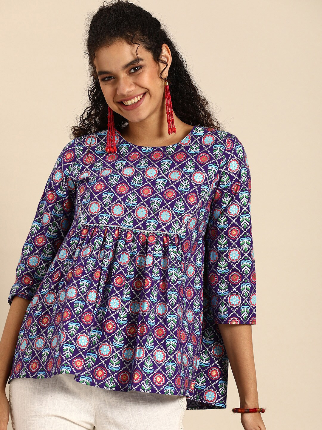 

Sangria Blue Ethnic Print Pleated Pure Cotton A-line Top