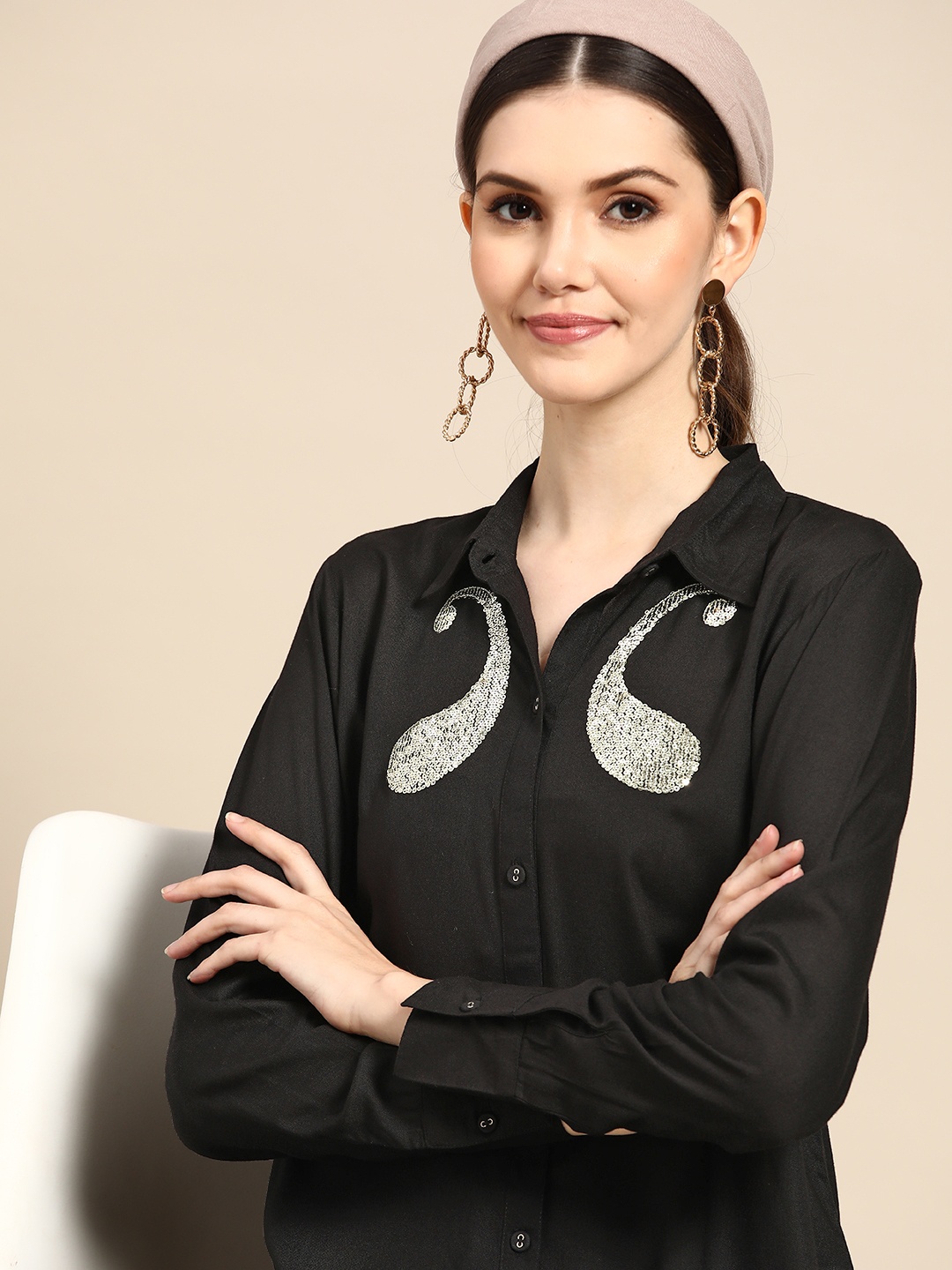 

Sangria Black Embellished Shirt Style Longline Top