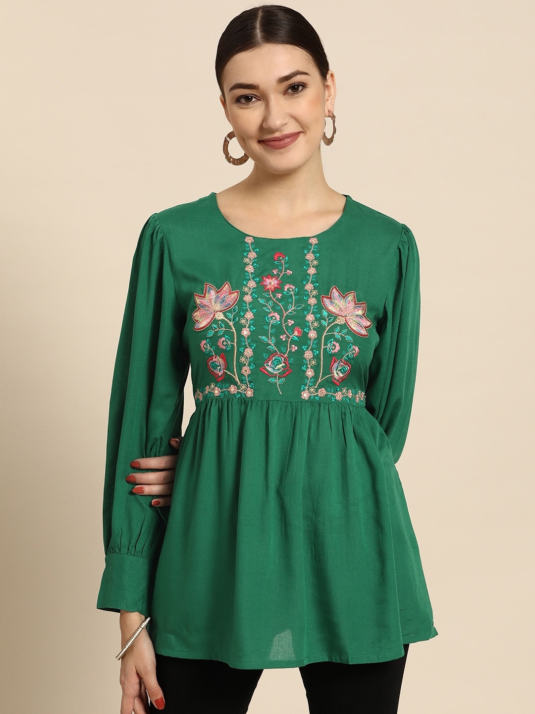 

Sangria Green Ethnic Motifs Embroidered Longline Top