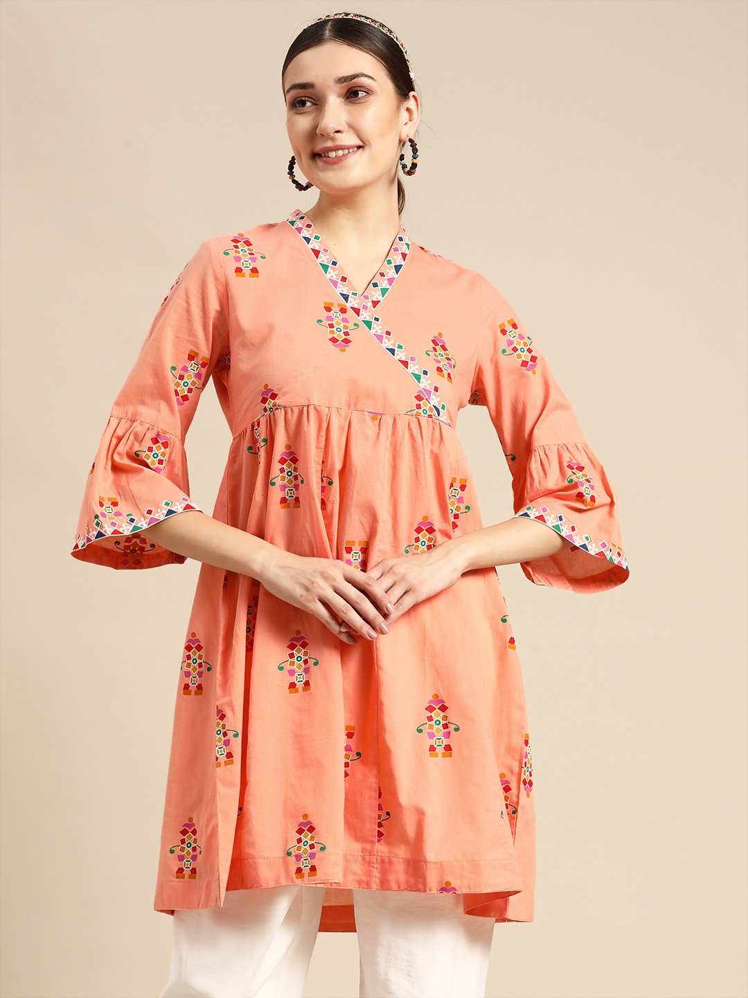 

Sangria Coral Orange & White Ethnic Motifs Printed V-Neck Pure Cotton Angrakha Kurti