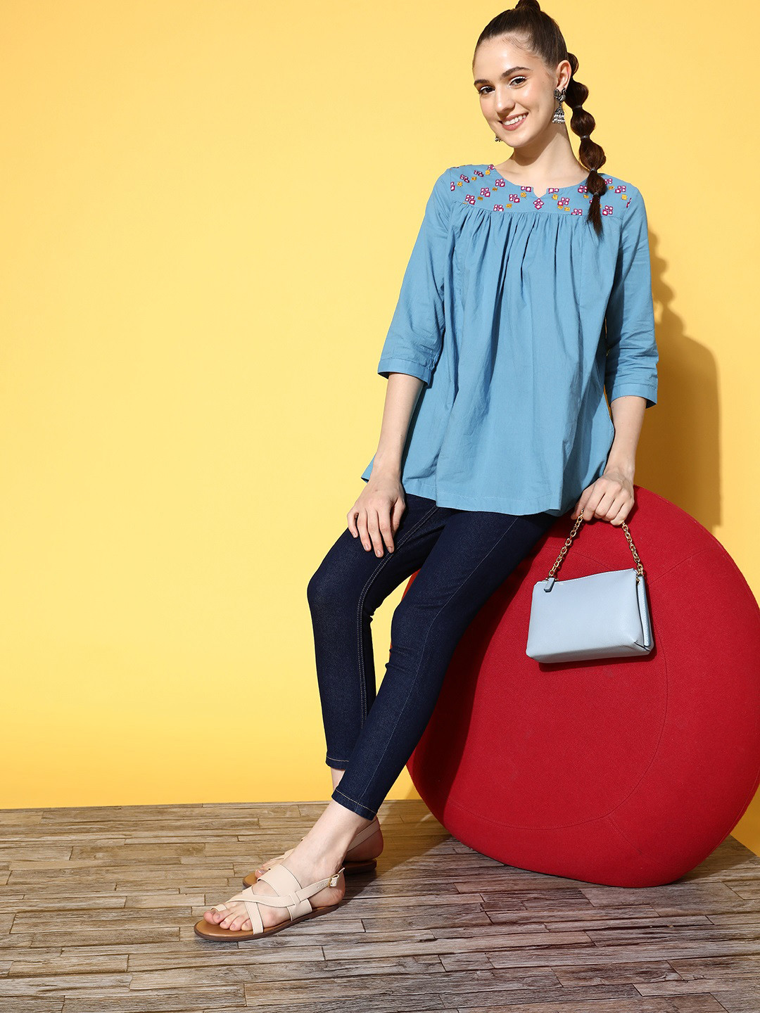 

Sangria Blue Geometric Sleeve Bounce Top
