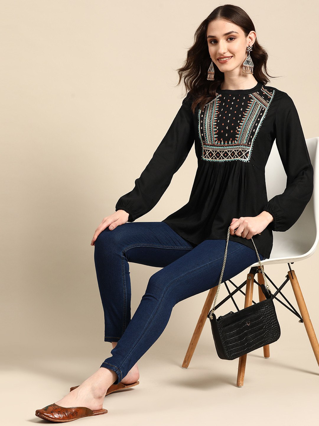 

Sangria Yoke Embroidered A-Line Top, Black