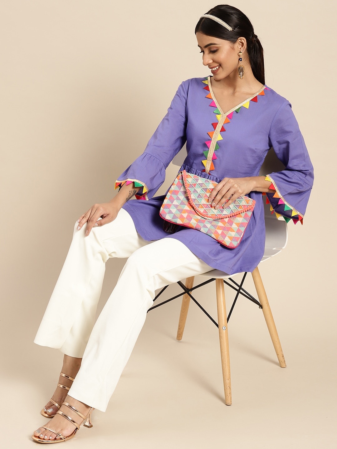 

Sangria Women Purple Gotta Patti Detail Pure Cotton Longline A-Line Top