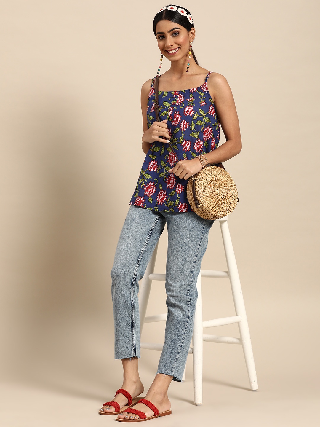 

Sangria Blue & Red Pure Cotton Floral Print Top