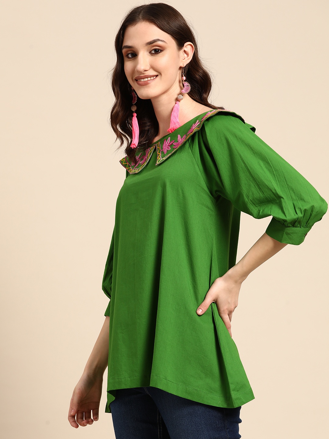 

Sangria Green Cotton Embroidered Boat Neck A-Line Top