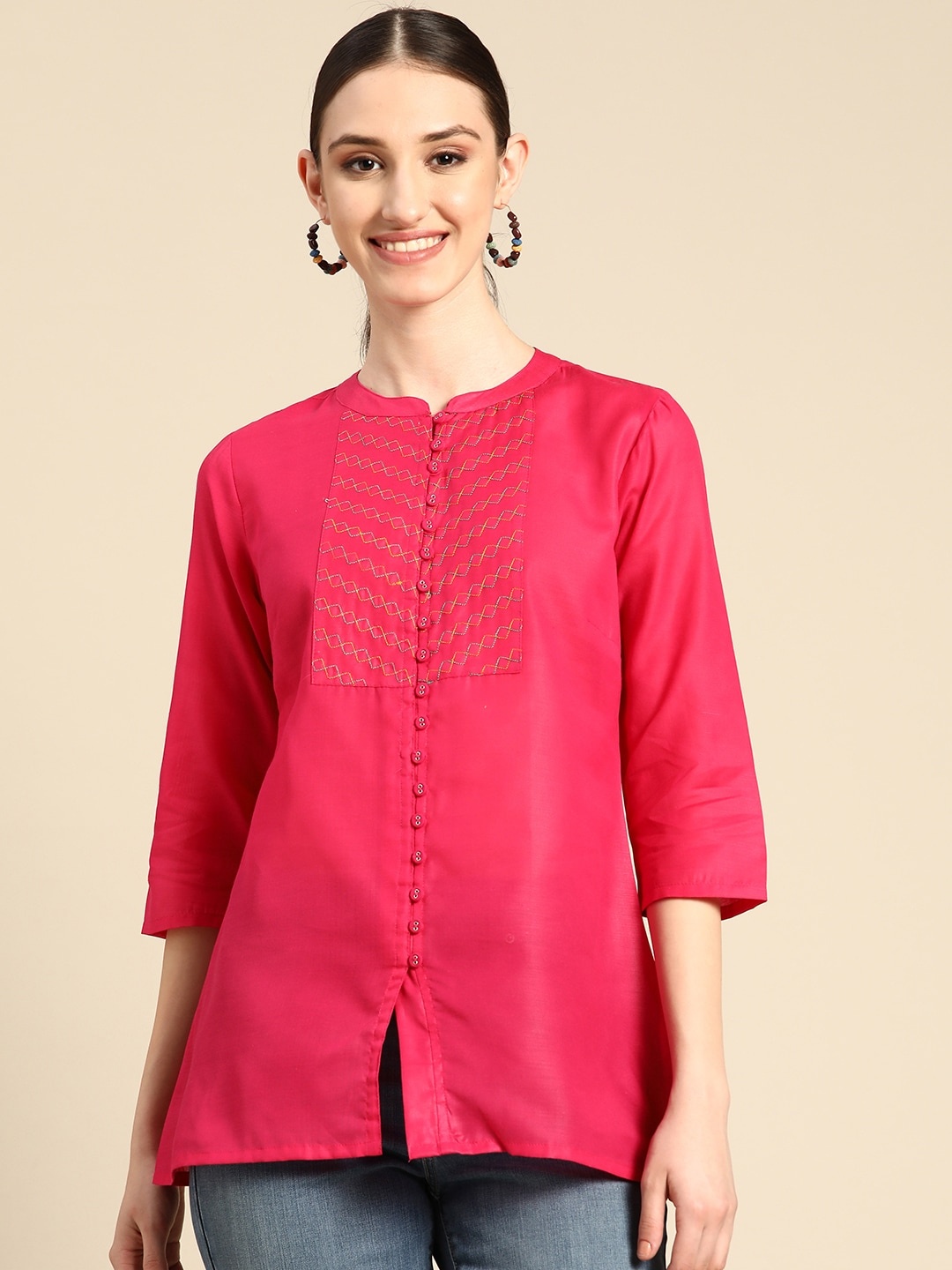 

Sangria Pink Geometric Embroidered Mandarin Collar Top