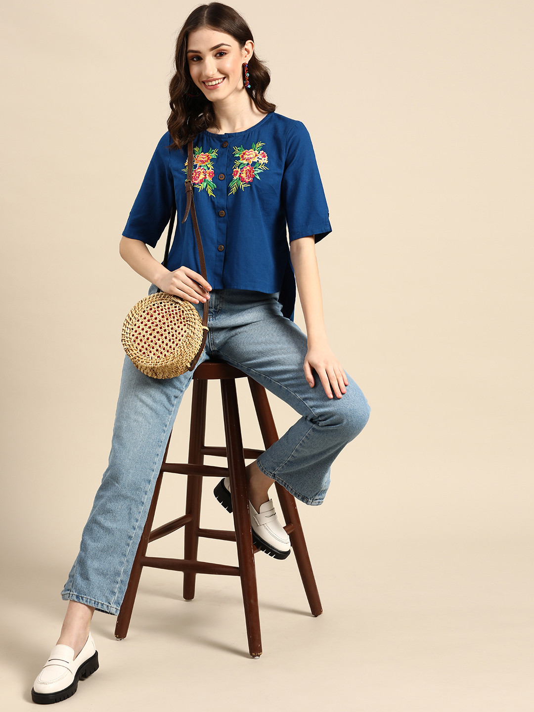 

Sangria Navy Blue & Yellow Embroidered Cotton Linen Shirt Style Top