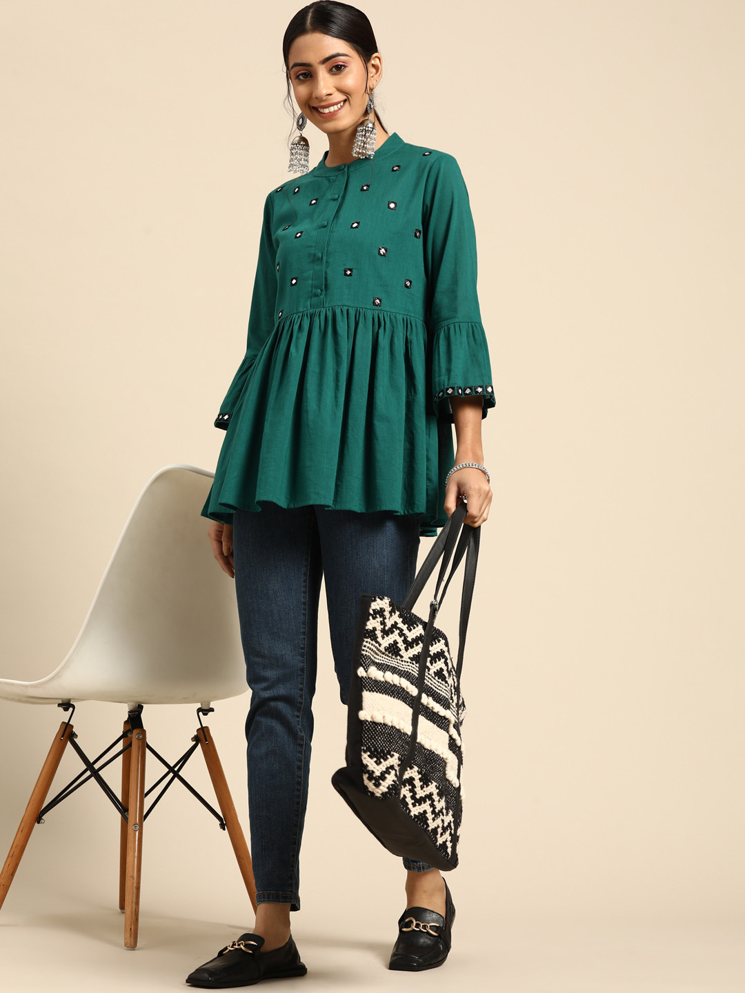 

Sangria Green Embroidered Mirror Work Mandarin Collar A-Line Top