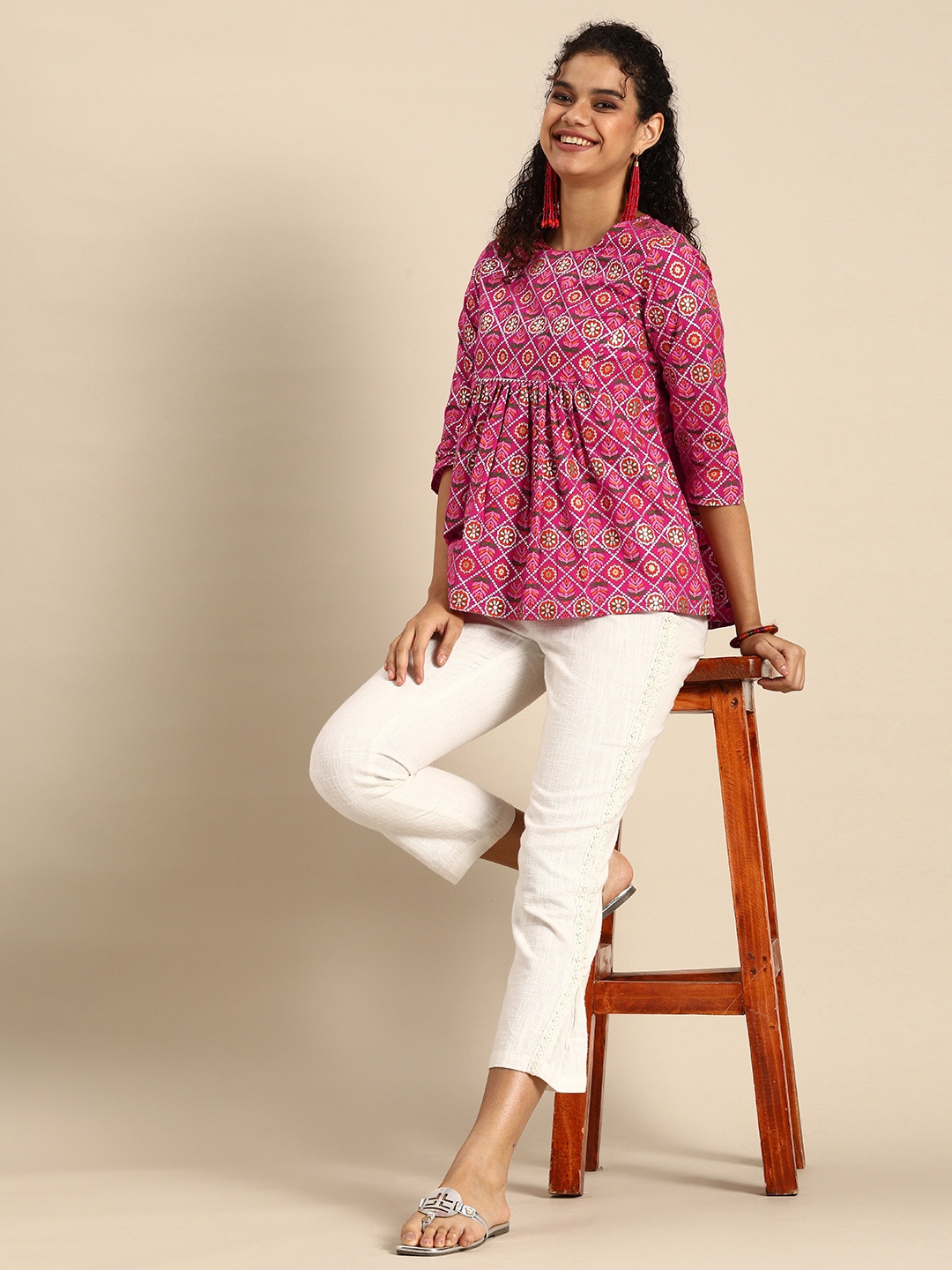 

Sangria Pink Ethnic Print Pleated Pure Cotton A-line Top