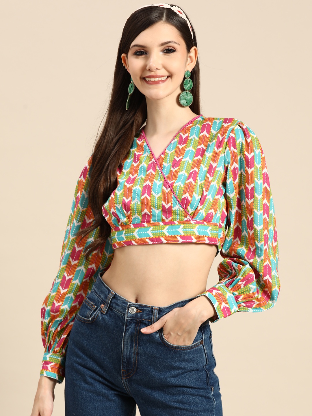 

Sangria Multicoloured Pure Cotton Printed Wrap Crop Top, Multi