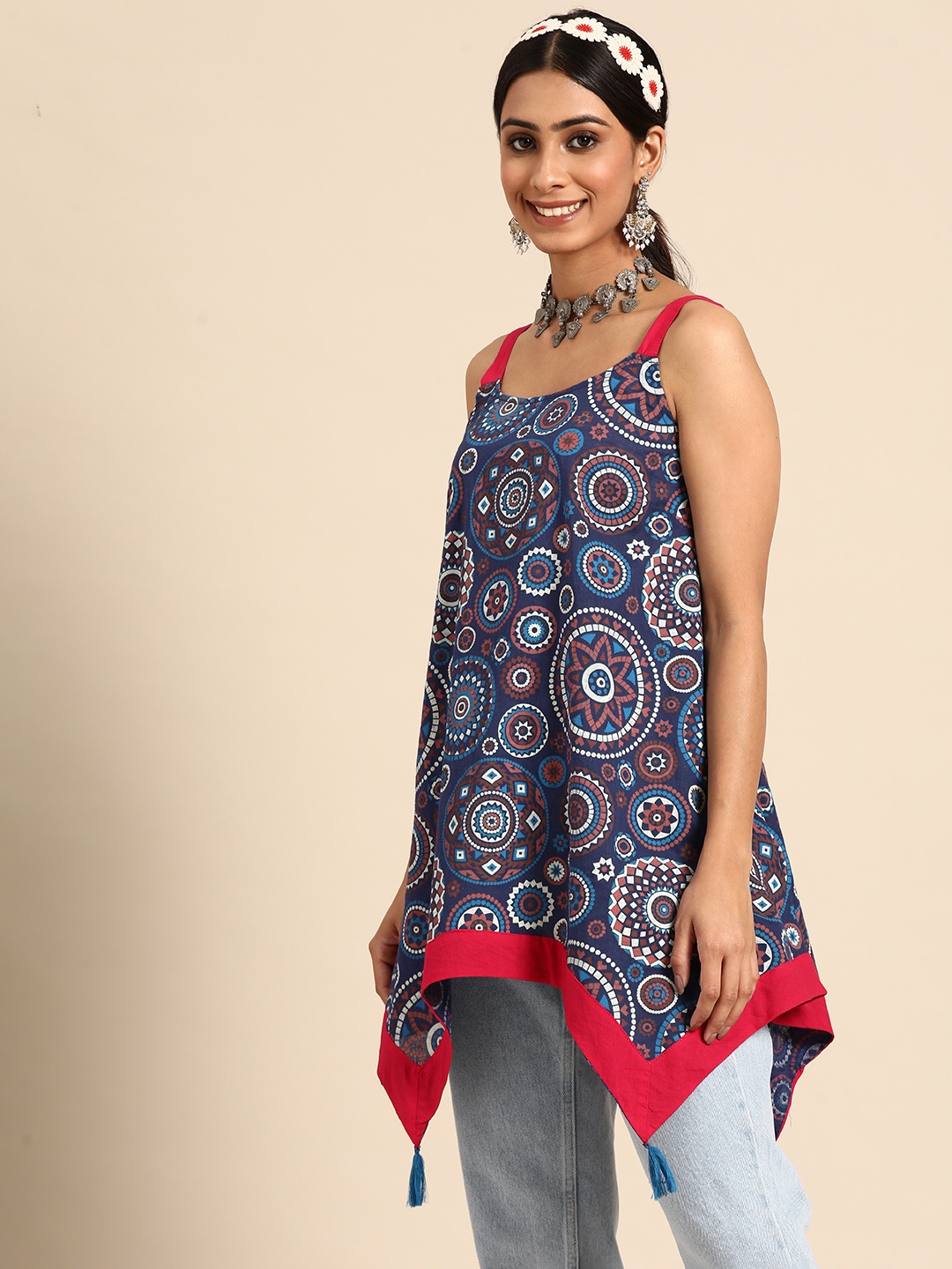 

Sangria Navy Blue & White Ethnic Motif Print Pure Cotton Top