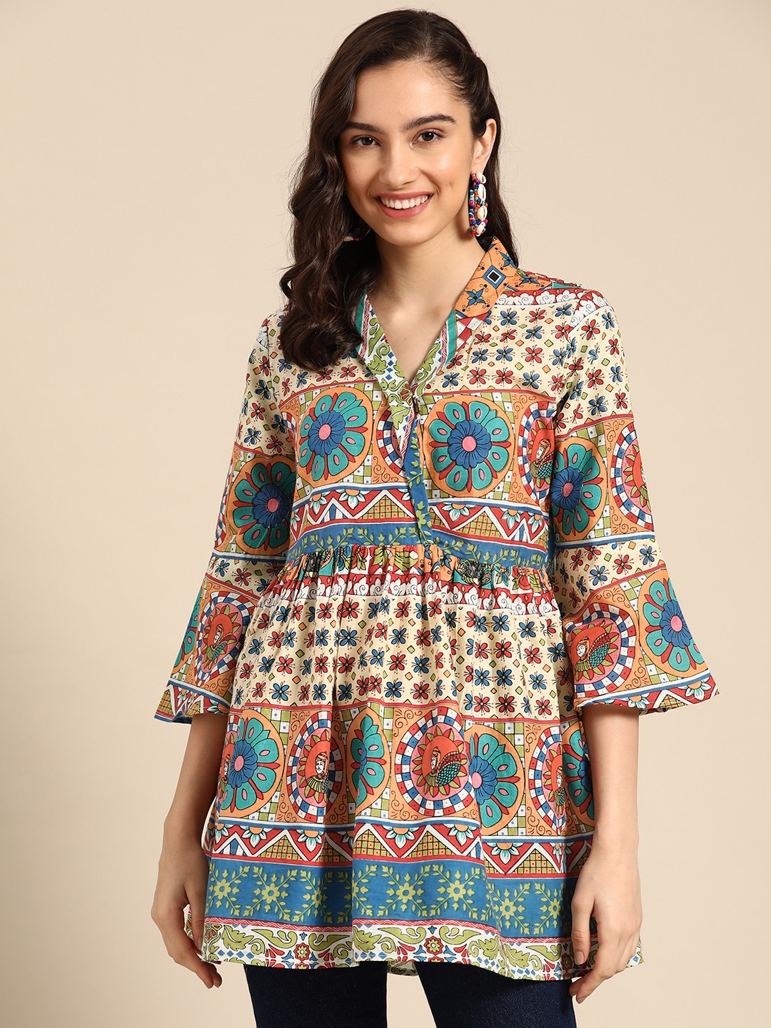 

Sangria Beige & Blue Print Top