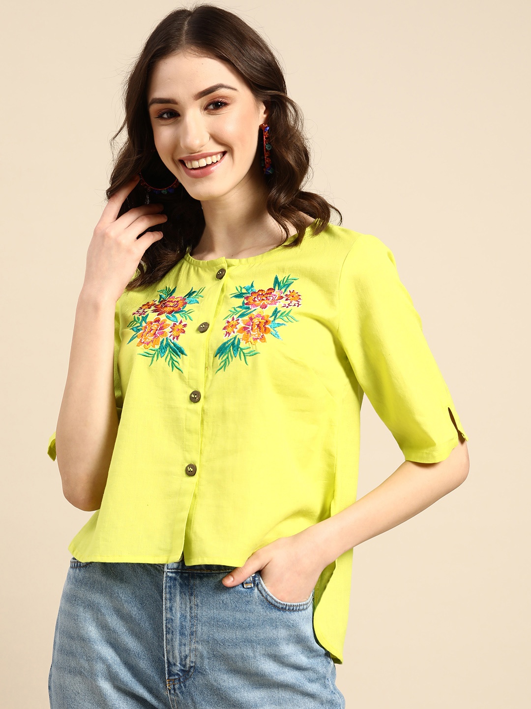 

Sangria Lime Green & Orange Embroidered Cotton Linen Shirt Style Top