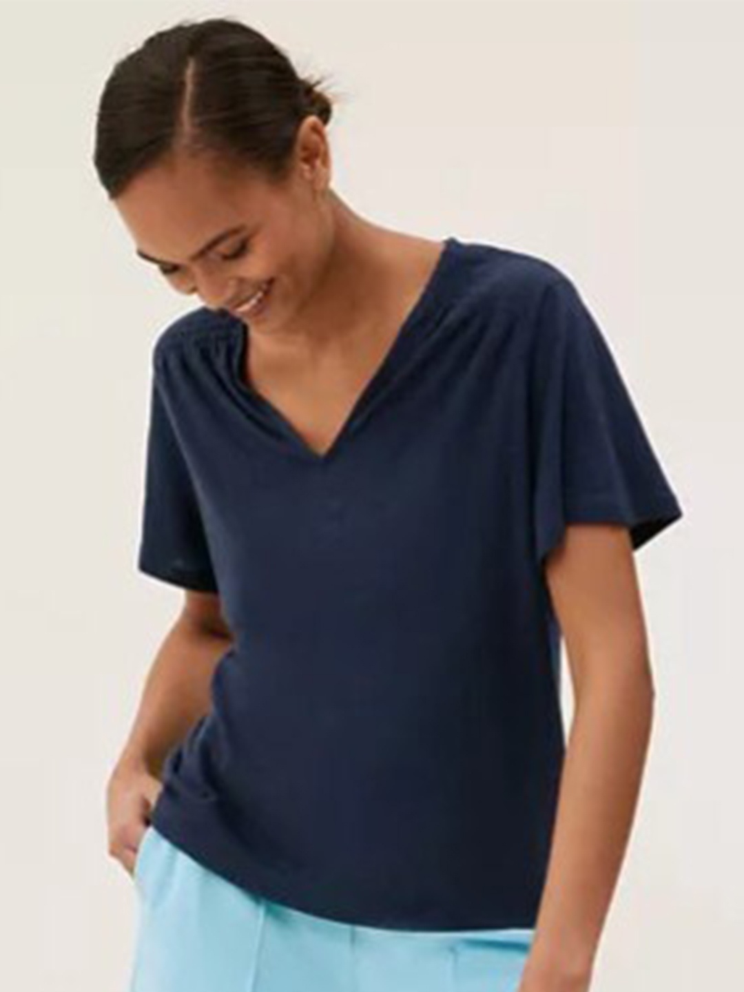 

Marks & Spencer Women Navy Blue V-Neck Linen T-shirt