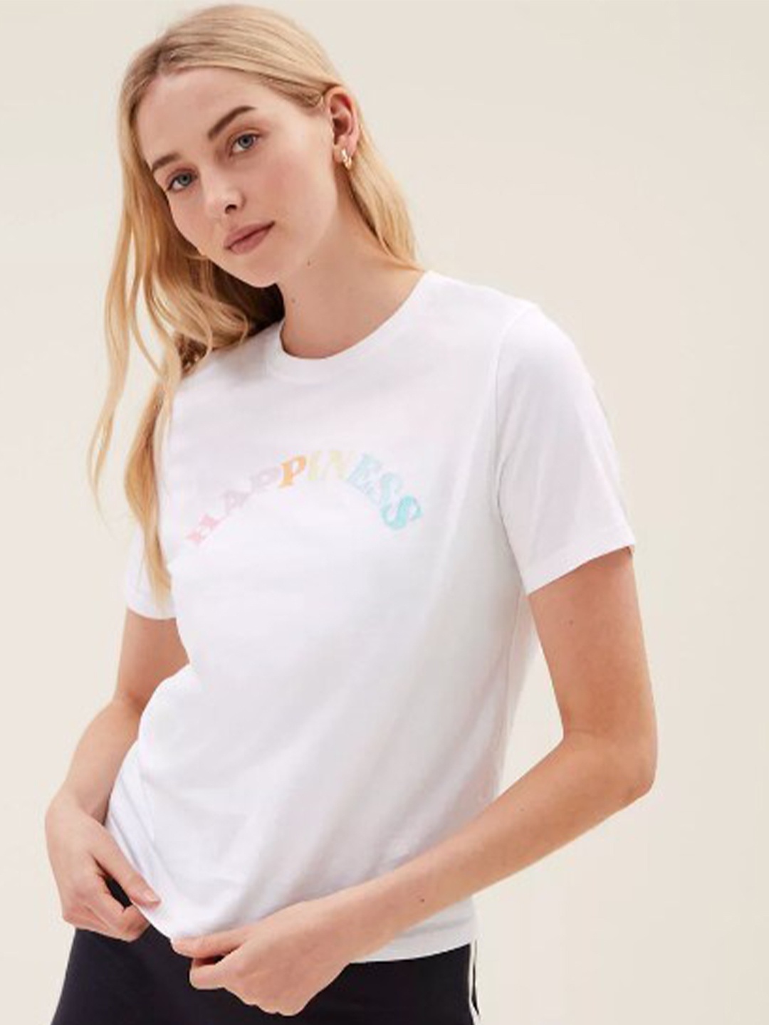 

Marks & Spencer Women White Typography Printed Pure Cotton T-shirt