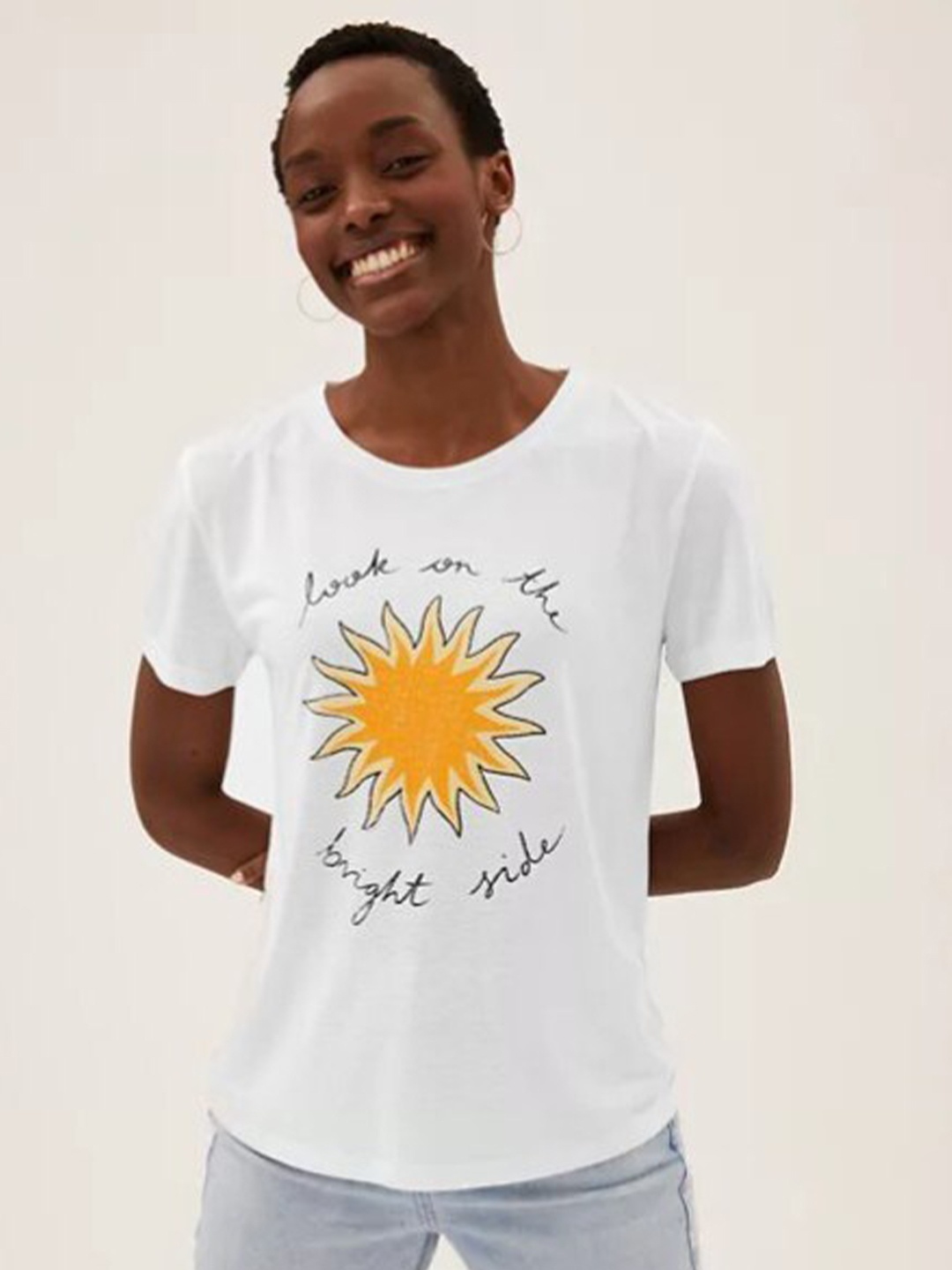 

Marks & Spencer Women White & Yellow Printed T-shirt