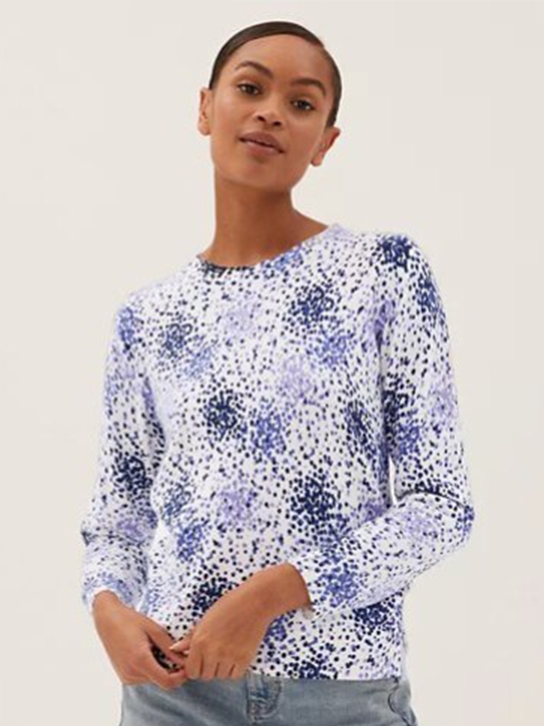 

Marks & Spencer Women Blue Striped Mandarin Collar Polyester PU Coated T-shirt
