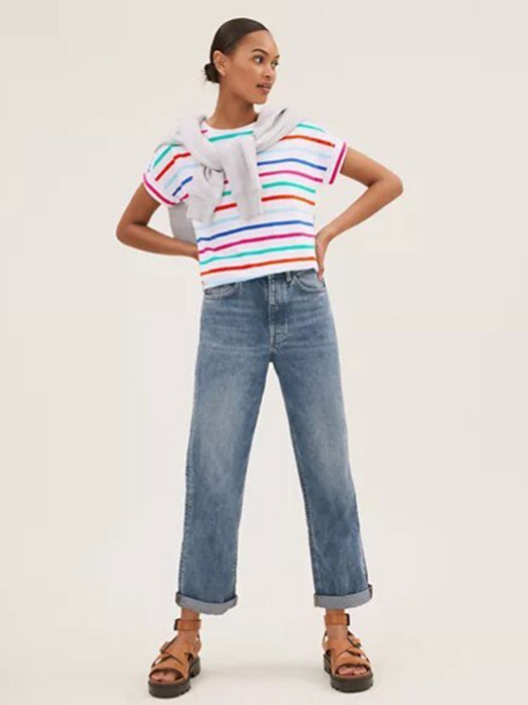

Marks & Spencer Women White & Red Striped Extended Sleeves Linen T-shirt