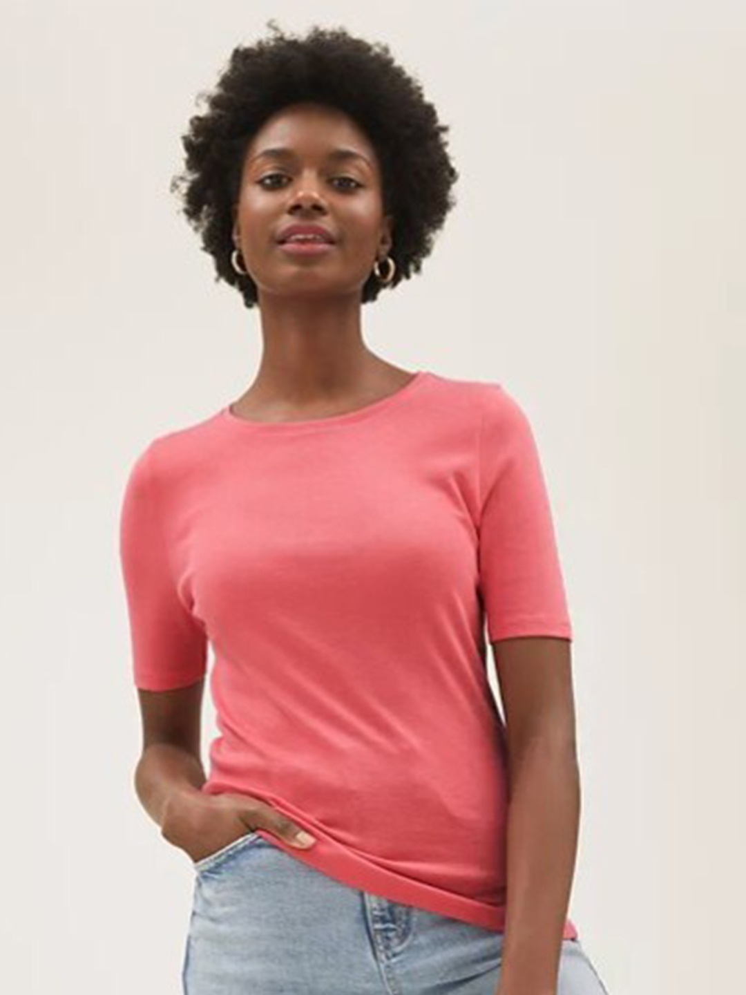 

Marks & Spencer Women Pink Colourblocked Mandarin Collar T-shirt