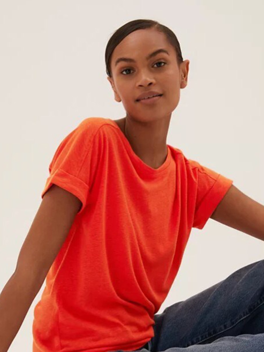 

Marks & Spencer Women Orange Colourblocked High Neck Extended Sleeves Applique T-shirt