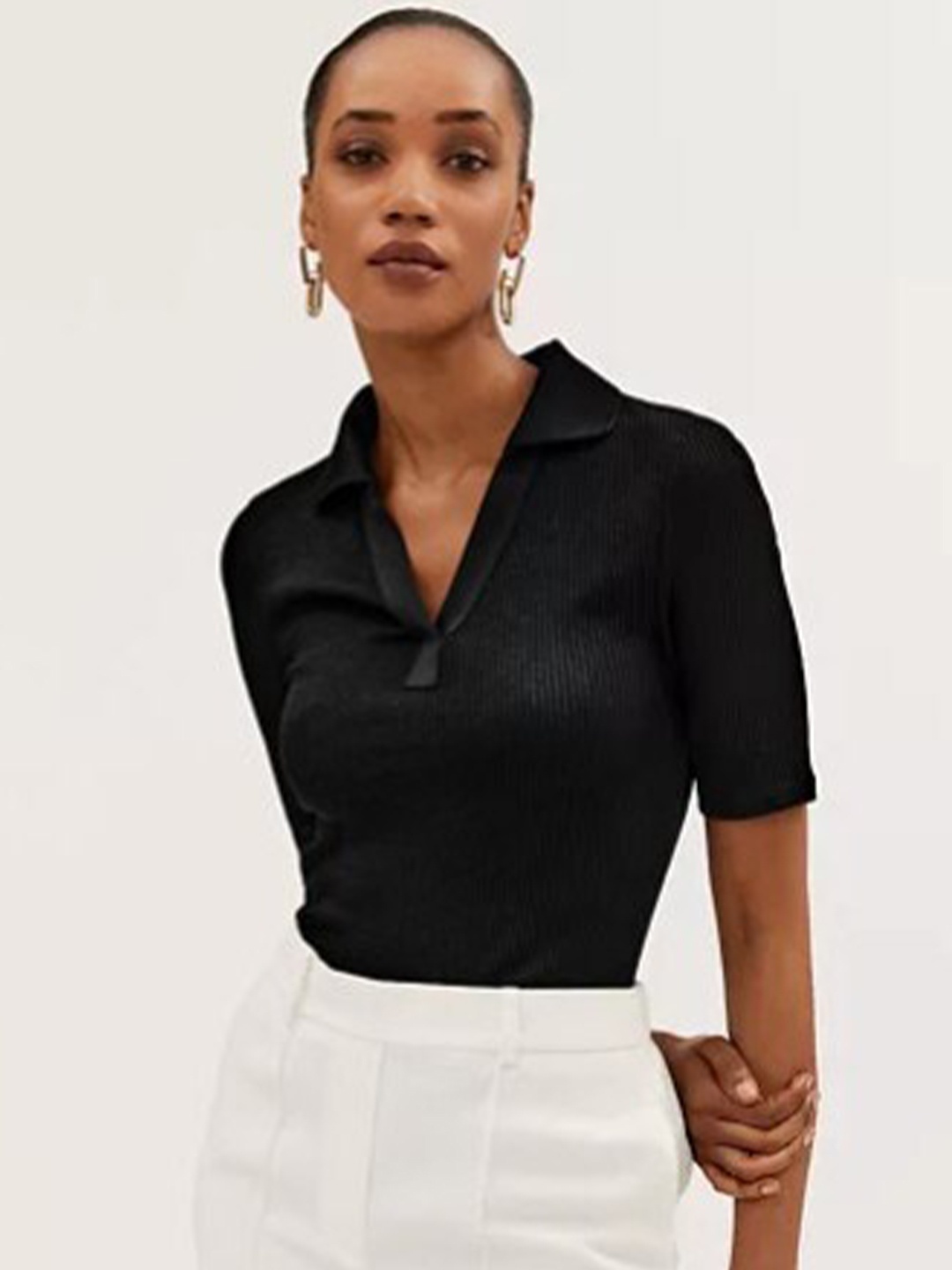 

Marks & Spencer Women Black Polo Collar Polyester PU Coated T-shirt