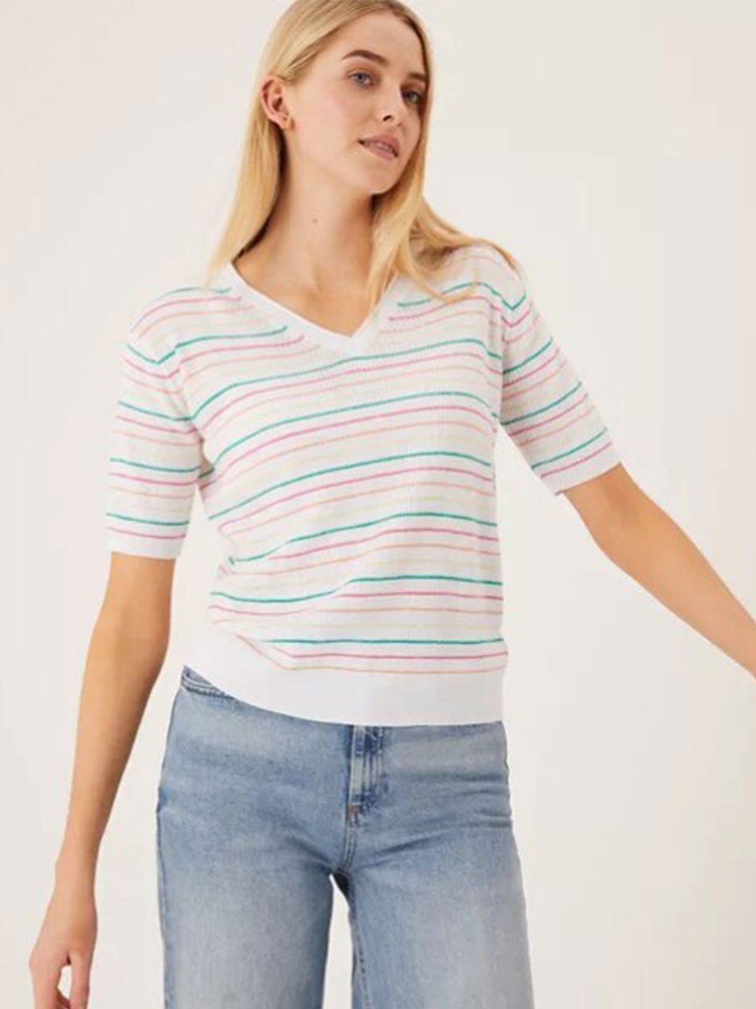 

Marks & Spencer Women White Striped Polyester PU Coated Applique T-shirt