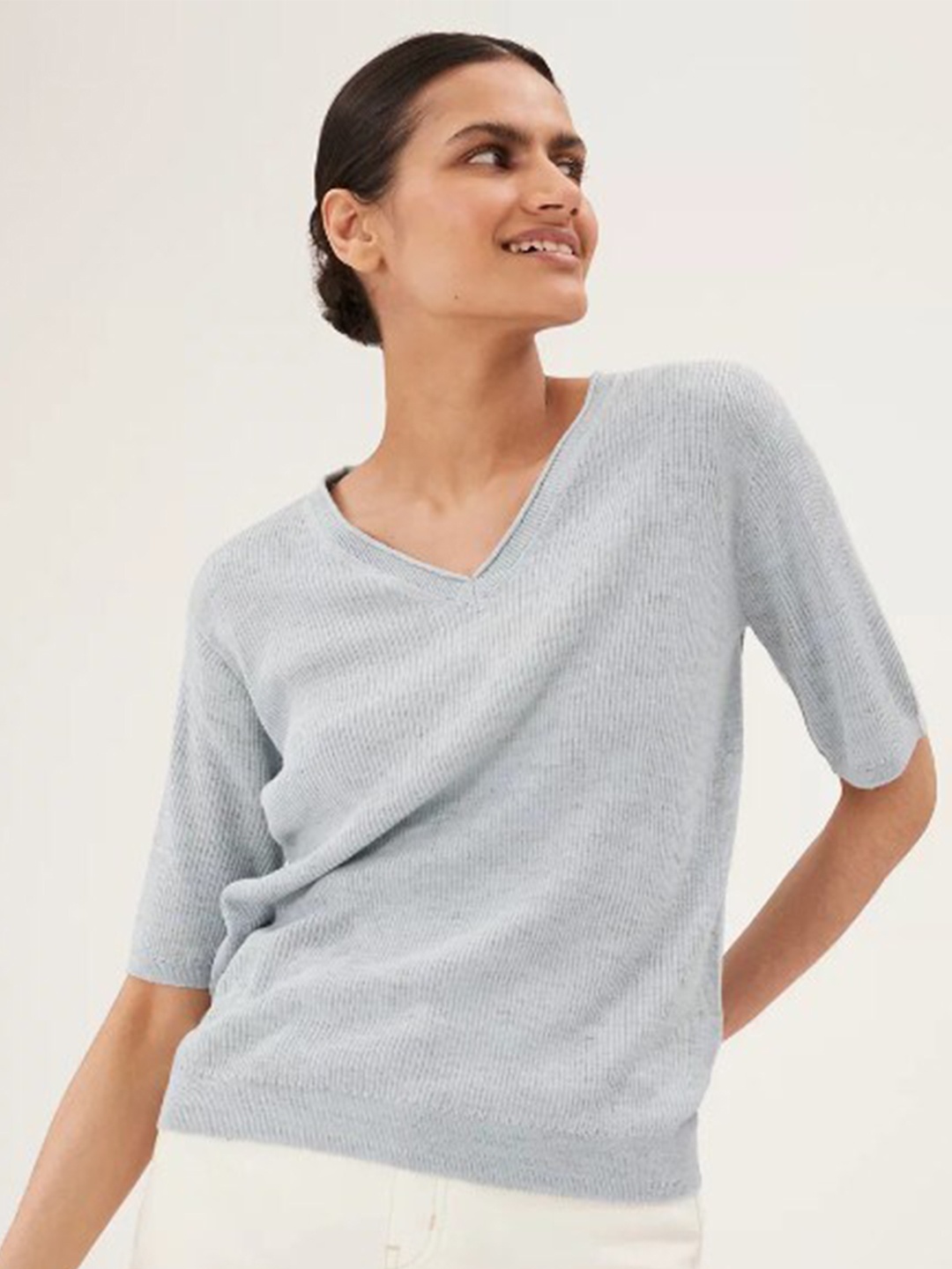 

Marks & Spencer Women Blue Mandarin Collar Polyester PU Coated T-shirt