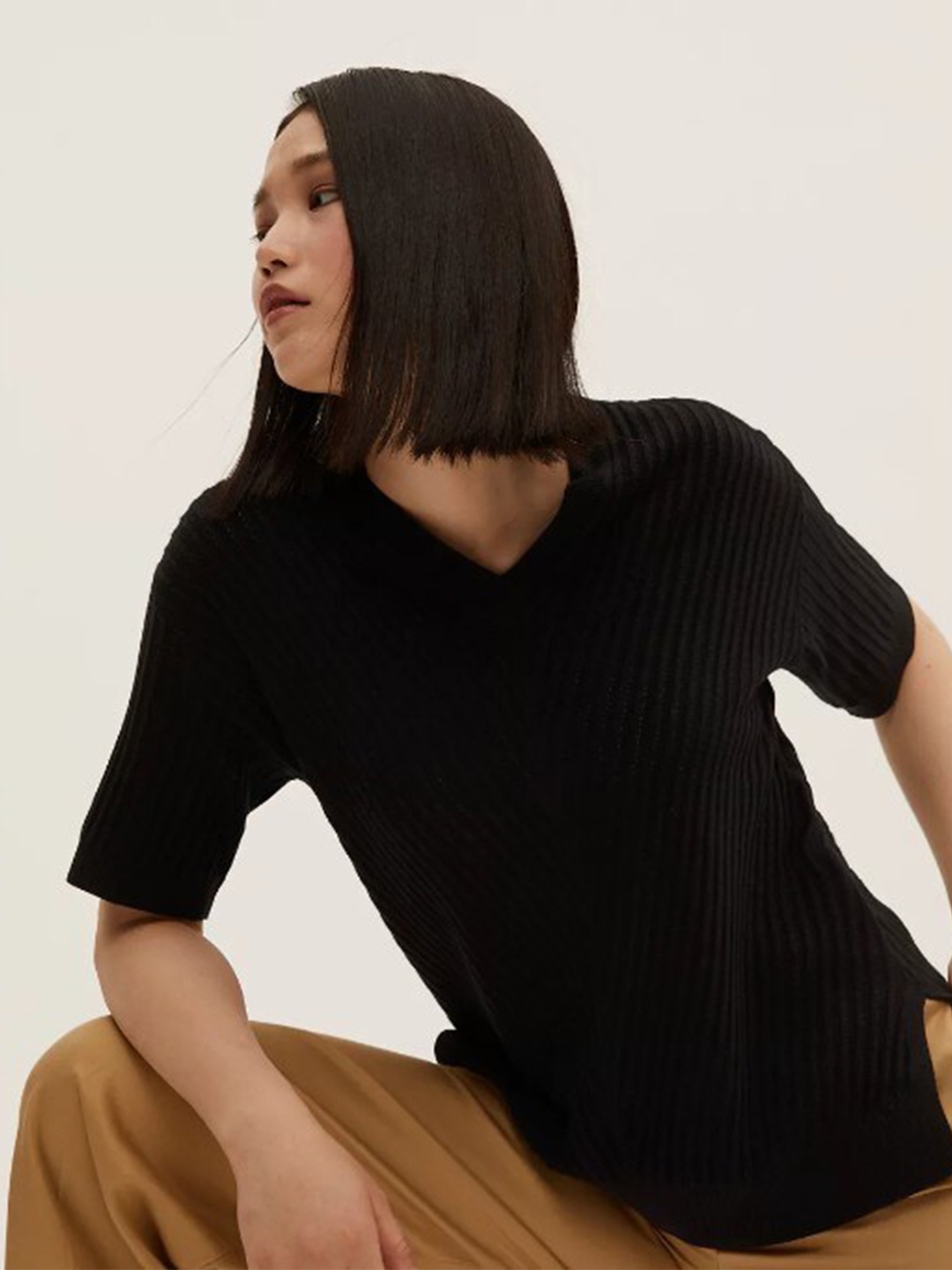 

Marks & Spencer Women Black Mandarin Collar T-shirt
